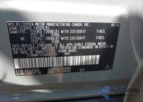 2019 Toyota Rav4 Xle from USA, damaged, VIN 2T3RWRFV2KW020164